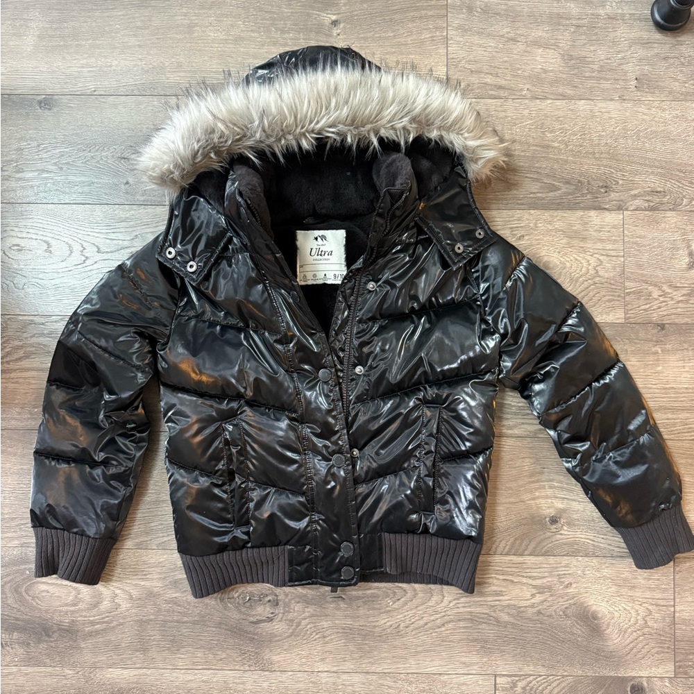 A&F Shiny Black Puffer Jacket with Faux Fur Hood | 9/10